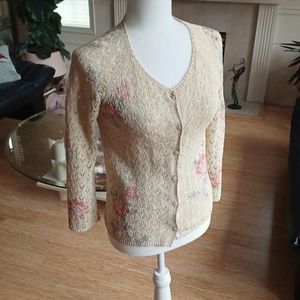 Sigrid Olsen Sport Handknit Tan Floral Sweater Size Small